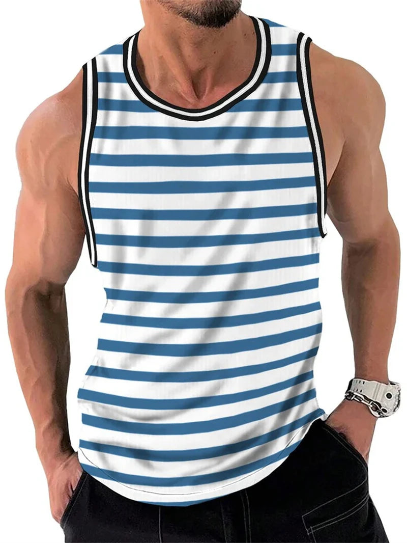 Mens Retro Stripe 3D Printed Tank Tops Fashion Summer Sleeveless Casual Sports Vest Loose Quick Dry Breathable Tees Clothes