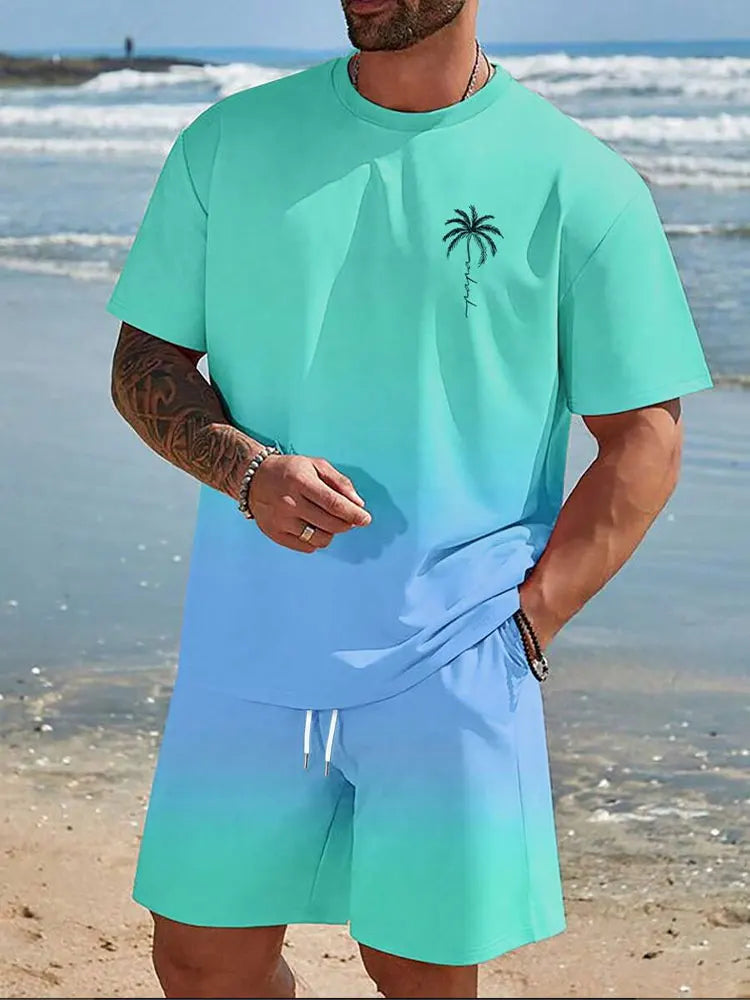 2 Piece Summer Casual Everyday Men's Short Sleeve Shorts Set Hawaiian Print Men's T-shirt Outdoor Sports Men's Beach Shorts