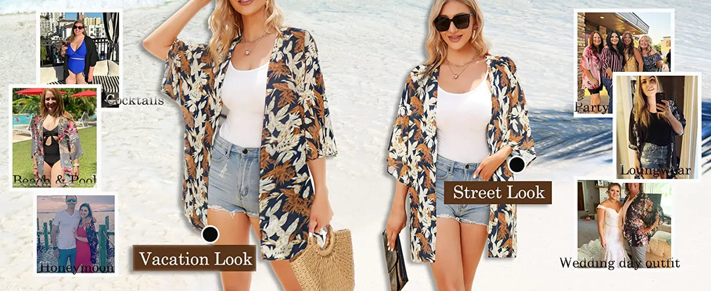 Women'S Summer Beach Kimono Cardigan Floral Print Chiffon Loose Top Bikini Cover Up Sexy Transparent Shawl Oversize Cardigan