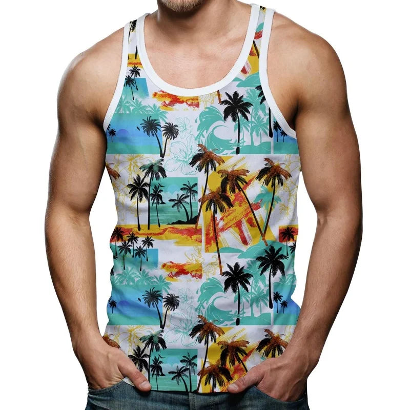 Car Dinosaur Pattern Tank Tops For Men Coconut Tree 3D Printed Tees Summer Casual Loose Tops Street Sports Round Neck Vest