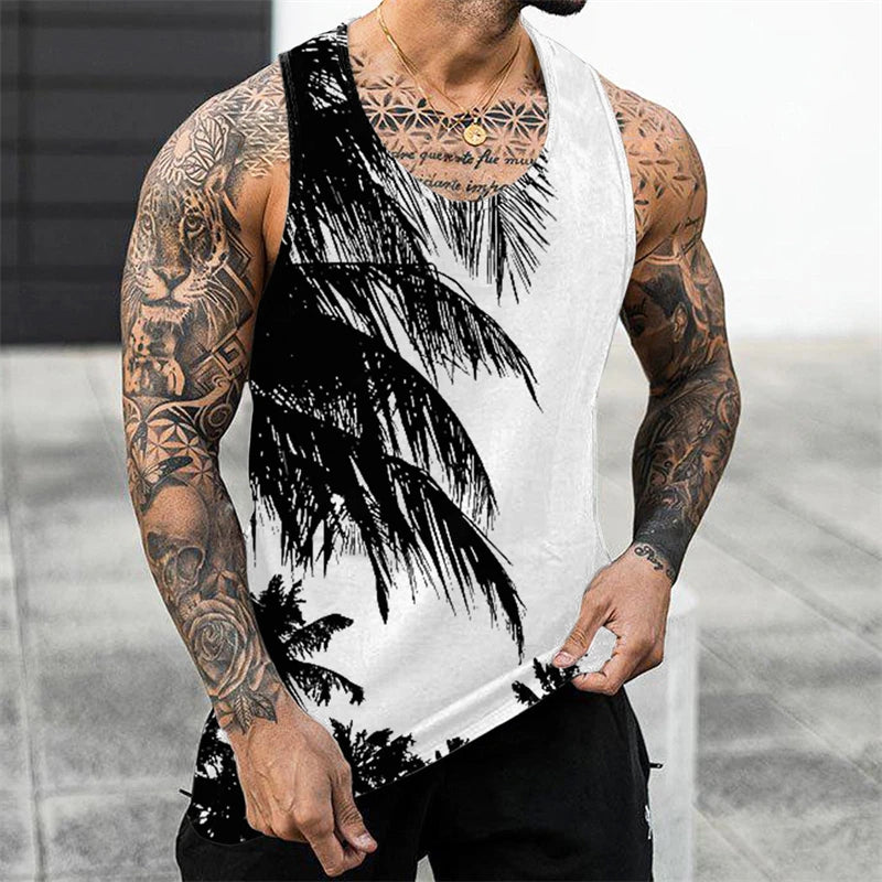 Palm Tree Graphic Tank Top For Men 3D Print Sleeveless Beach Hemp Palm Pattern Tops Paint Vest Hawaii Colorful Pigment T-shirt