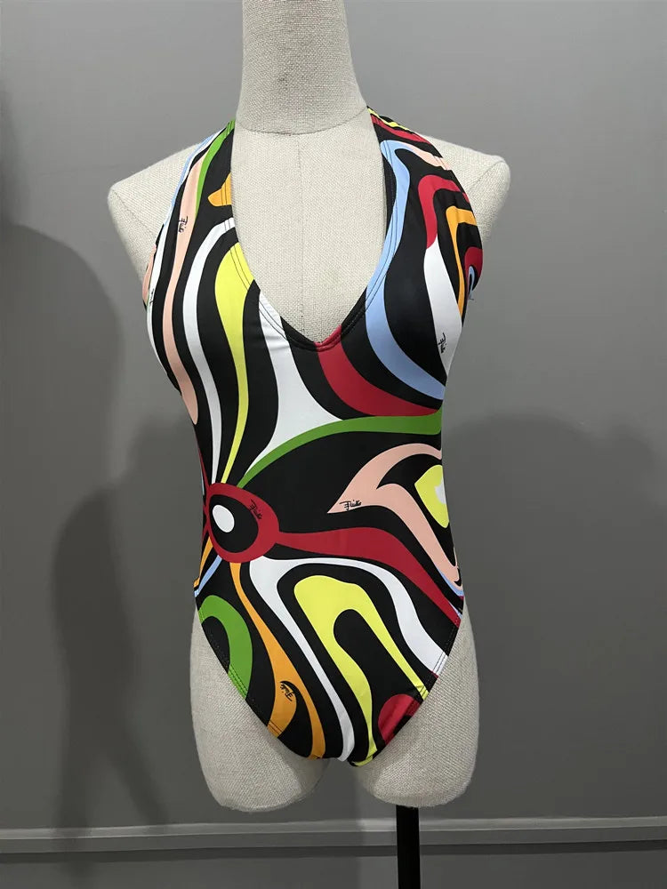 Women Swimsuit Split Swimsuit Bikini Striped Geometry Pattern One-Piece Swimsuit