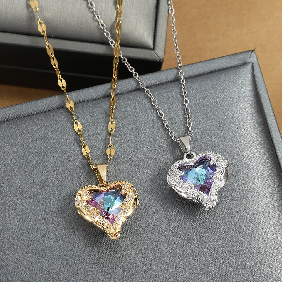 ZAKOL Gorgeous Colorful Zircon Love Heart Pendant Necklace For Women Fashion Stainless Steel Neck Chain Jewelry Gift