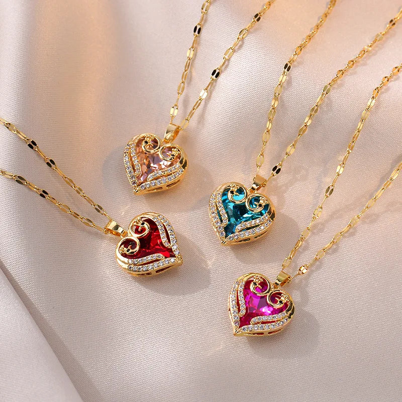 ZAKOL Gorgeous Colorful Zircon Love Heart Pendant Necklace For Women Fashion Stainless Steel Neck Chain Jewelry Gift