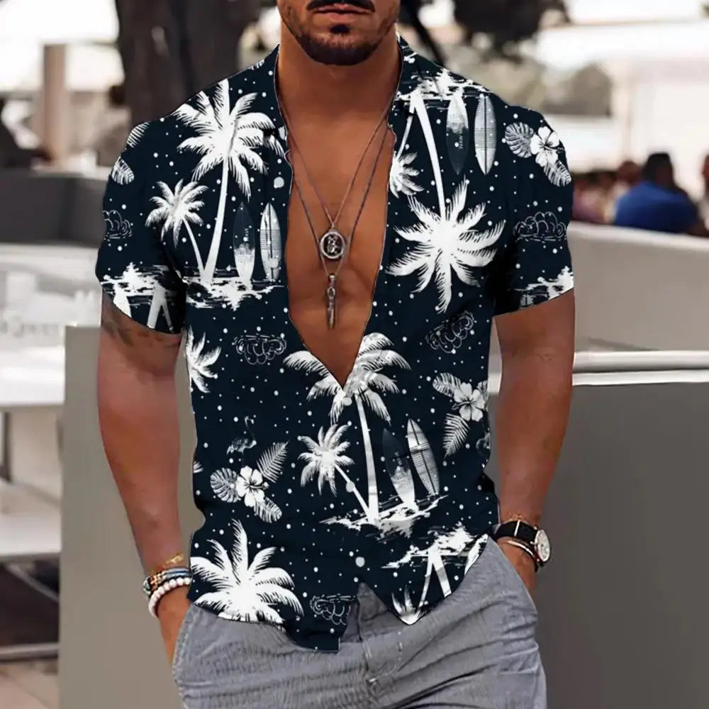 2023 Summer Animal Crane Men's Hawaiian Shirt 3d Plant Floral Print Plus Size Beach Flower
