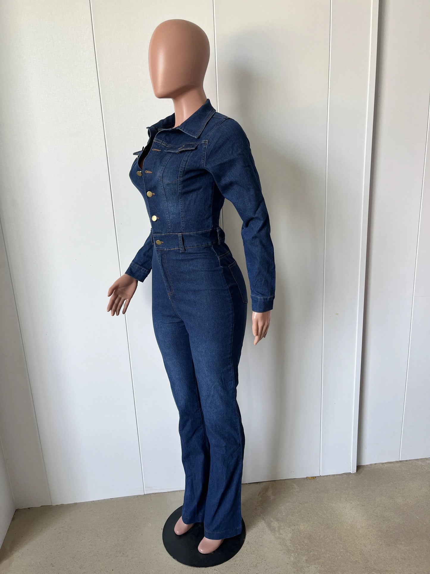 Wide Leg Denim Stretch Jumpsuit Sexy Women Turn Down Collar Elegant Jeans Casual Romper Overalls