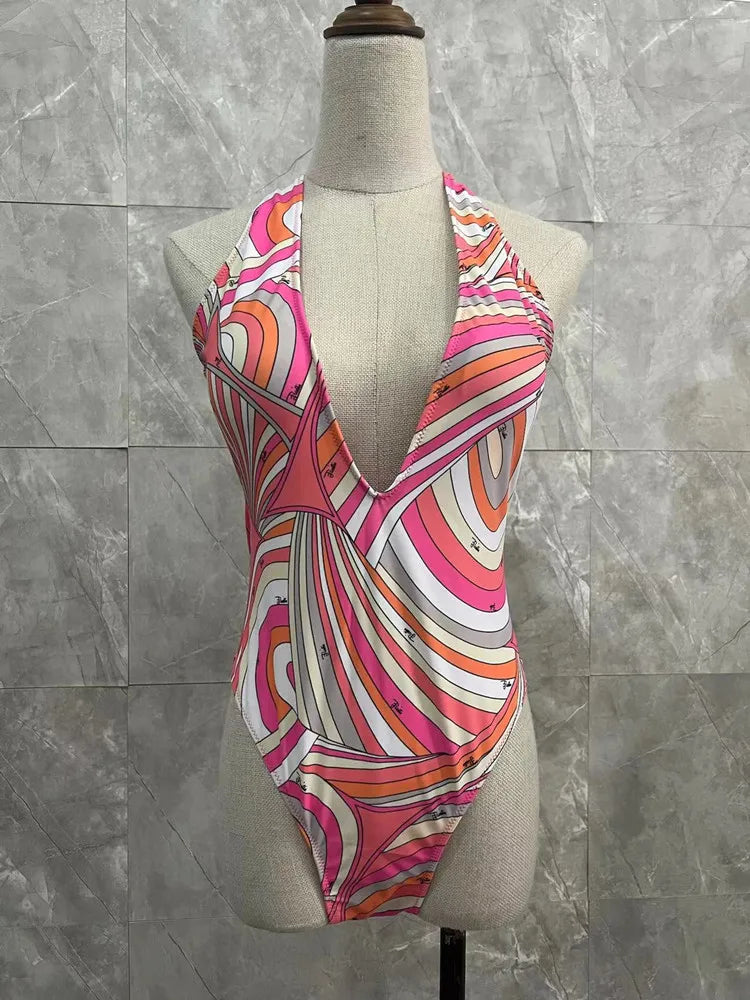 Women Swimsuit Split Swimsuit Bikini Striped Geometry Pattern One-Piece Swimsuit