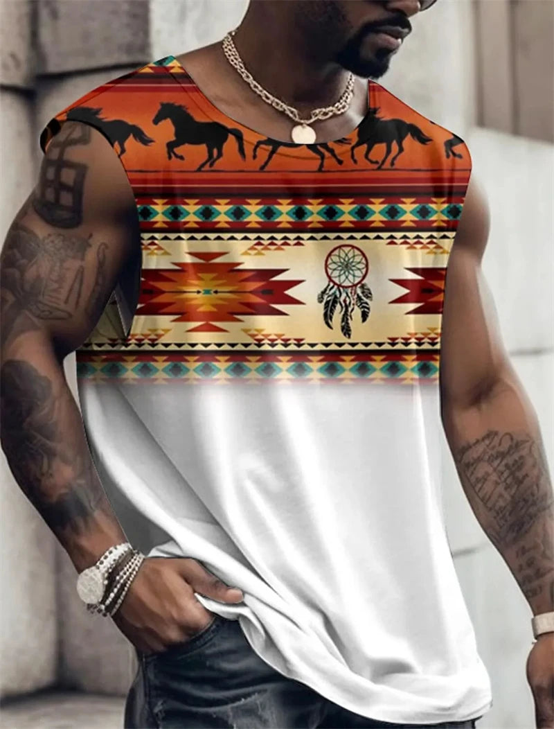 Men's Sleeveless T-Shirts Patterned Colorblocking 3D Printed Y2k Clothing Harajuku Casual Vest Daily Fitness Ethnic Print Tops
