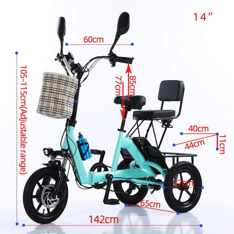 14 Inch Folding Electric Tricycle For Senior 48V Three-wheel Electric Bicycle Adult 2 Basket Seat Small Pedal ebike