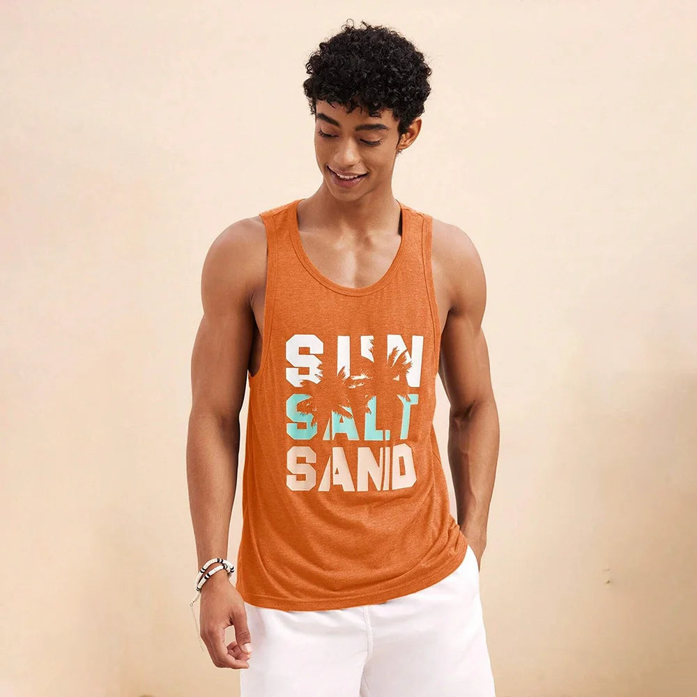 Summer Fresh And Simple Letter Men's Printed Men's Round Neck Vest Harajuku Street Fashion Daily Sports Fitness Breathable Vest