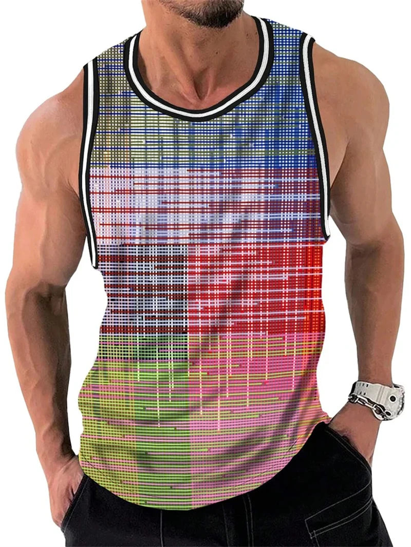 Retro Striped Graphic Tank Tops For Men Fashion Casual Summer Sleeveless 3D Printed Vest Loose Crew Neck Quick Dry Sports Tees