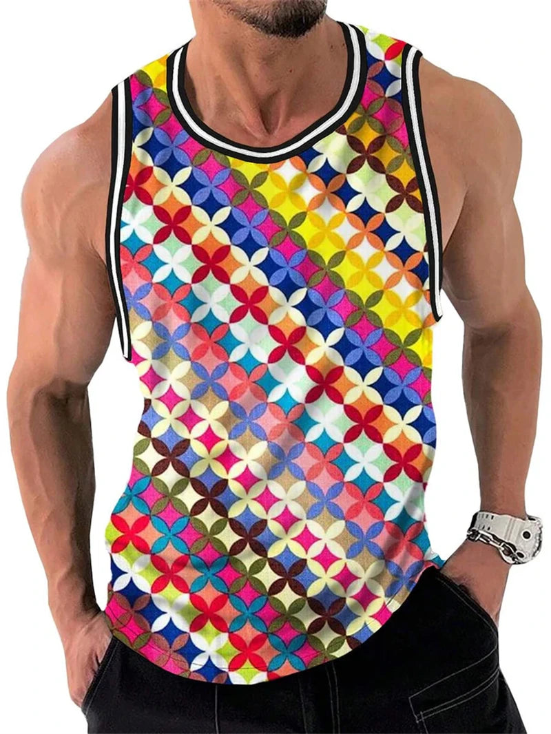 Retro Geometric Graphic Tank Tops For Men Casual Summer Sleeveless 3D Printed Vest Loose Quick Dry Breathable Tees Pullovers