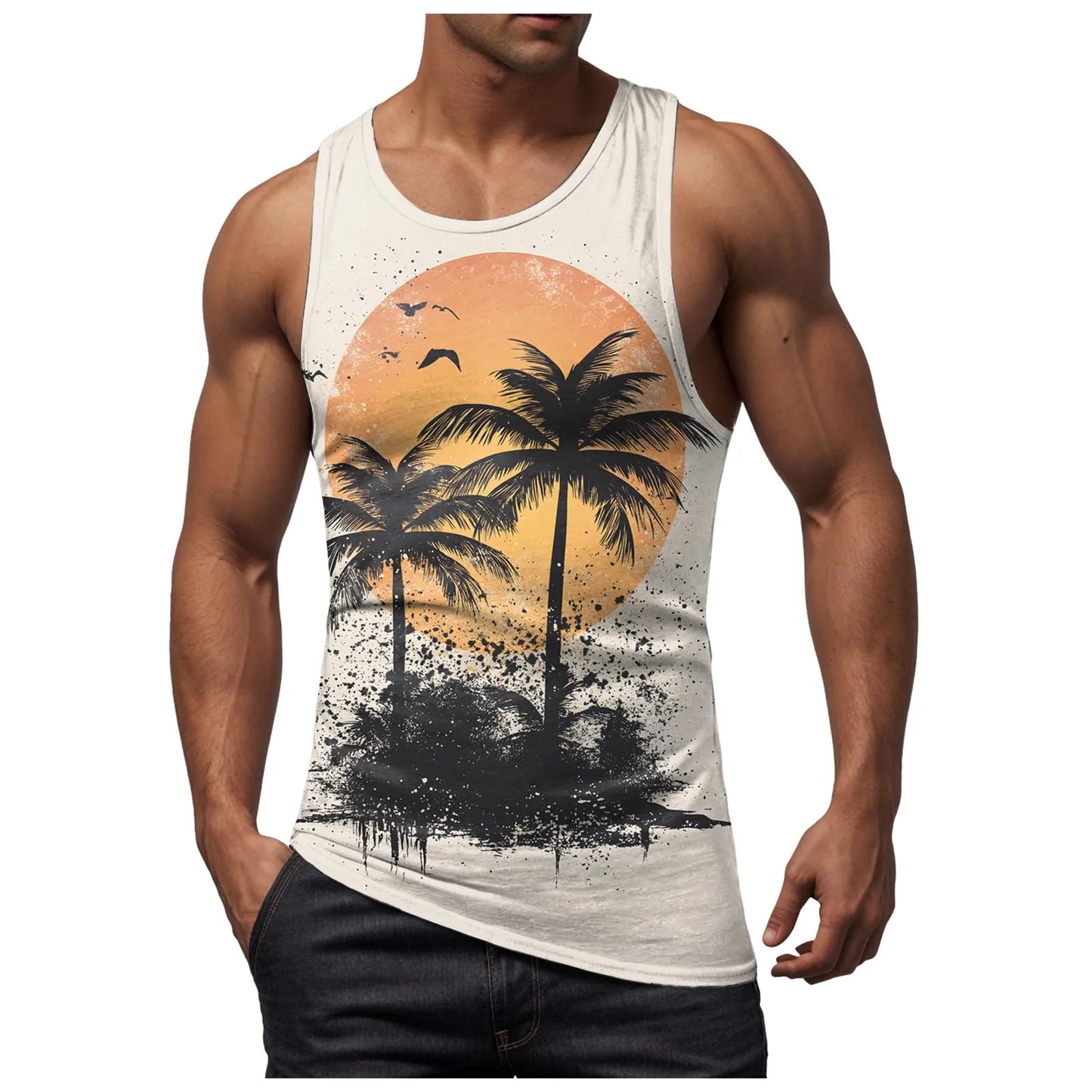 Men Vest Casual Comfortable Soft Breathable Fashion Printed Beach Tank Top Compression Hawaiian Vacation Pullover Plus Size