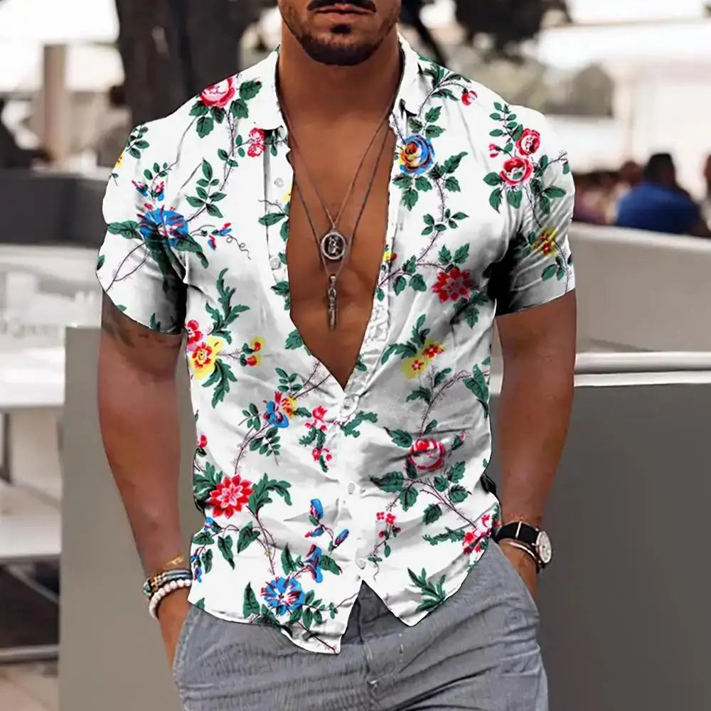 2023 Summer Animal Crane Men's Hawaiian Shirt 3d Plant Floral Print Plus Size Beach Flower