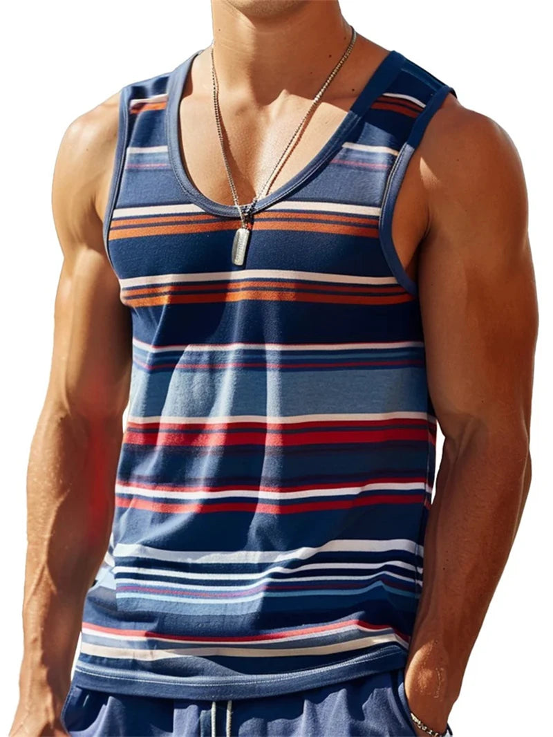 Vintage Striped Graphic Tank Tops For Men Fashion Casual Summer Sleeveless 3D Printed Vest Loose Crew Neck Quick Dry Sports Tees