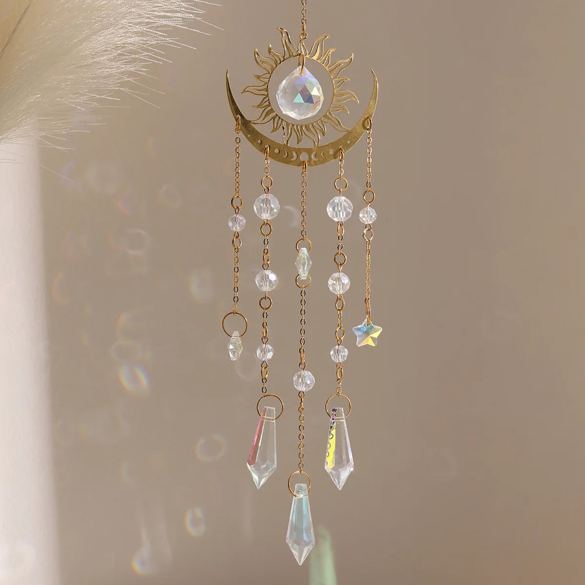 1PC Gold Flame Moon Crystal Pendant Sun Catcher Outdoor Garden Hanging Ornament Room Ceiling Hanging Ornament