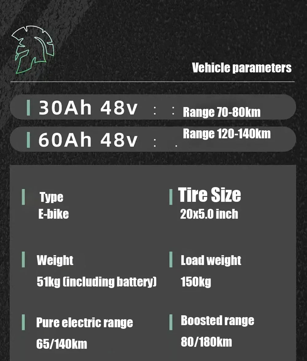 1500W 48V60AH Black Warrior Motorbikes 20inch Fat Tyre Electric Bike Adult Road Hydraulic brake E-bike Adult Road Electric Bike