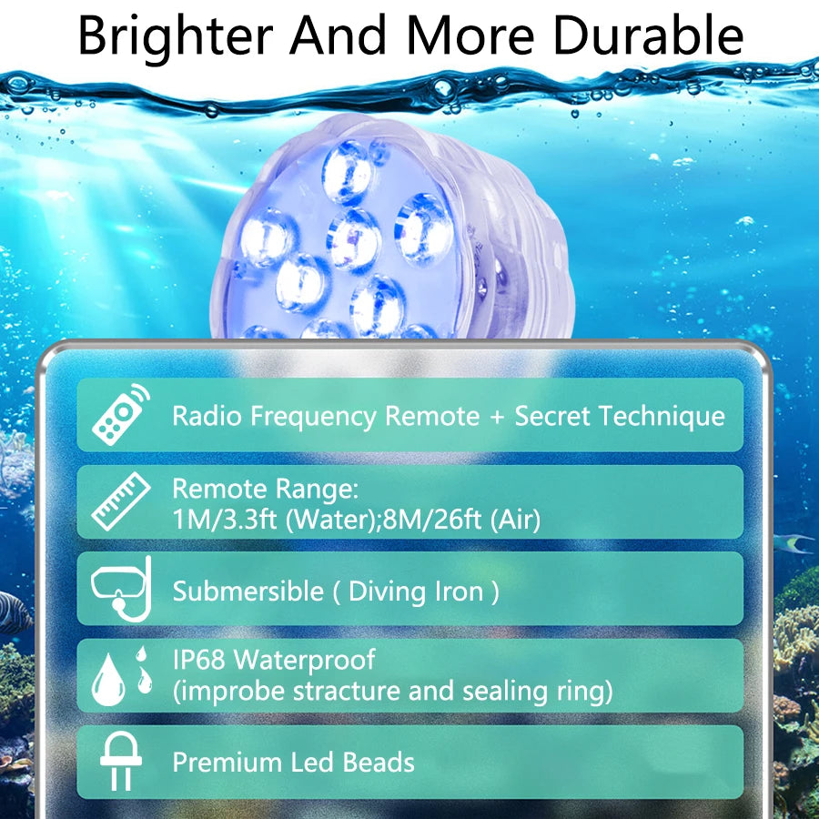 10 LED RGB Underwater Lights with Magnetic Suction Cups 16 Color Lights Fish Tank Pool Underwater Lighting Plant Grow Lights