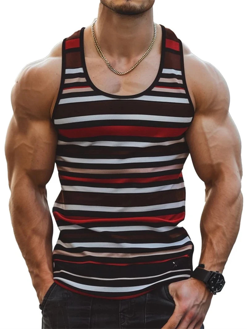Retro Striped Graphic Tank Tops For Men Fashion Casual Summer Sleeveless 3D Printed Vest Loose Crew Neck Quick Dry Sports Tees