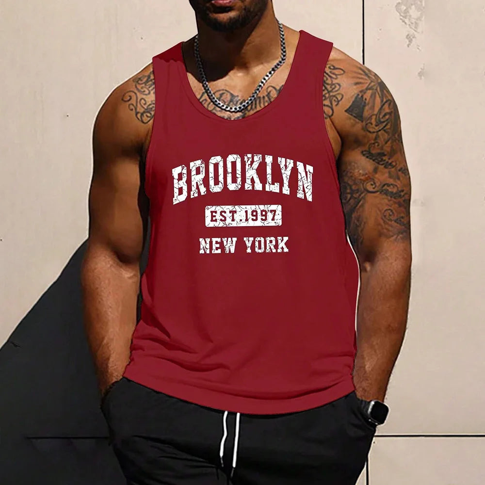 Summer Fresh And Simple Letter Men's Printed Men's Round Neck Vest Harajuku Street Fashion Daily Sports Fitness Breathable Vest
