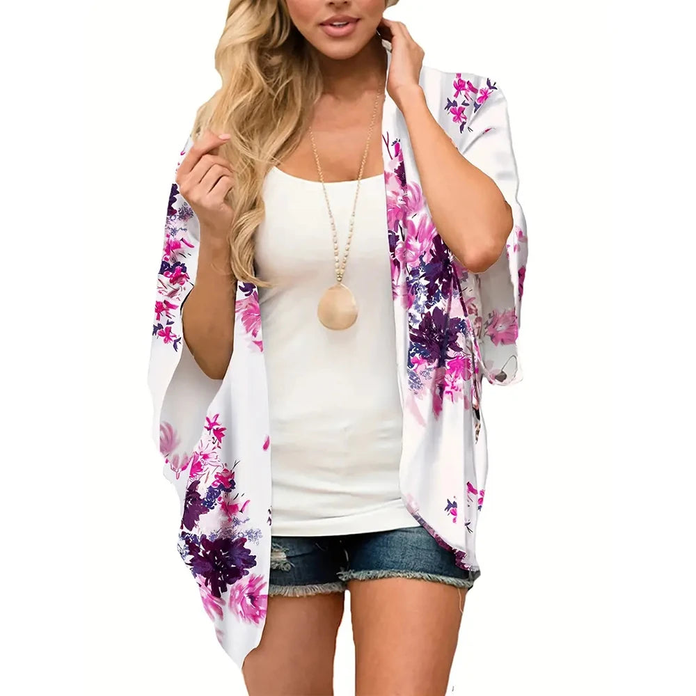 Women'S Summer Beach Kimono Cardigan Floral Print Chiffon Loose Top Bikini Cover Up Sexy Transparent Shawl Oversize Cardigan