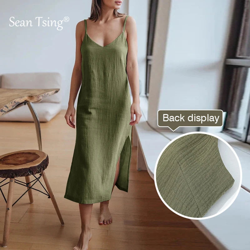 100% Cotton Woman's Dresses Sexy Spaghetti Strap Sleeveless Open Side Sundress Summer Long Maxi Female Dress vestidos para mujer