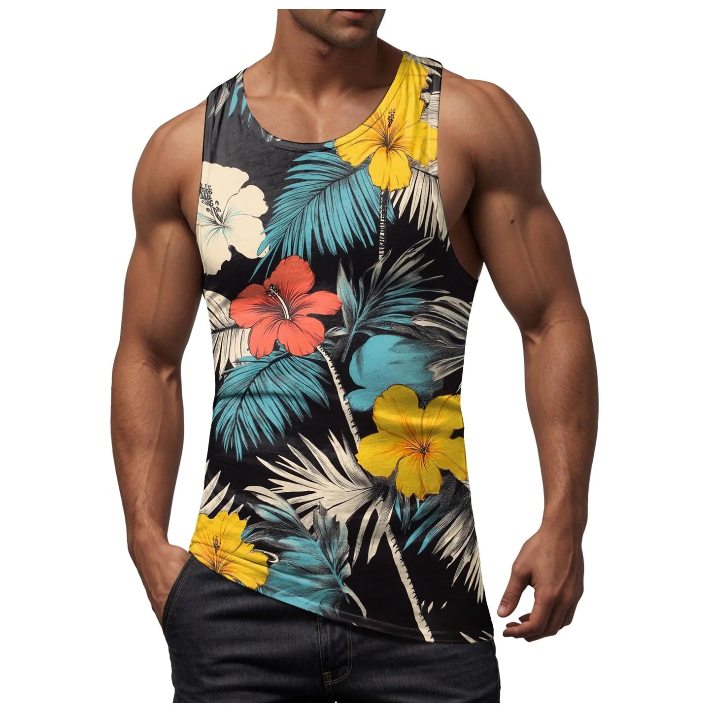 Men Vest Casual Comfortable Soft Breathable Fashion Printed Beach Tank Top Compression Hawaiian Vacation Pullover Plus Size