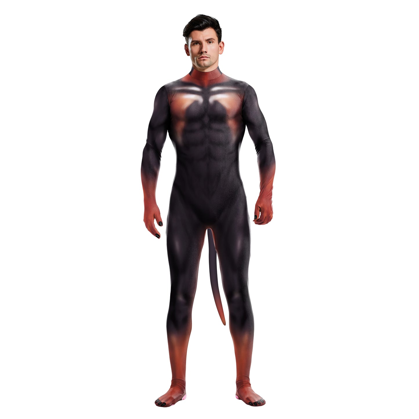 Zawaland Cosplay Halloween Animal Wolf Muscle 3D Printing Petsuit with Tail Furry Costume Zipper Jumpsuit Men Zentai Bodysuit