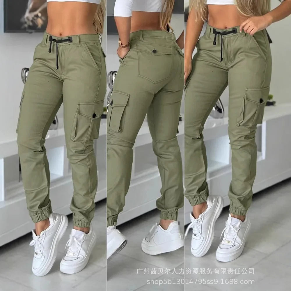 Women High Waist Multiple Pockets Design Cuffed Cargo Pants Slim Fit Trousers Pants Y2K