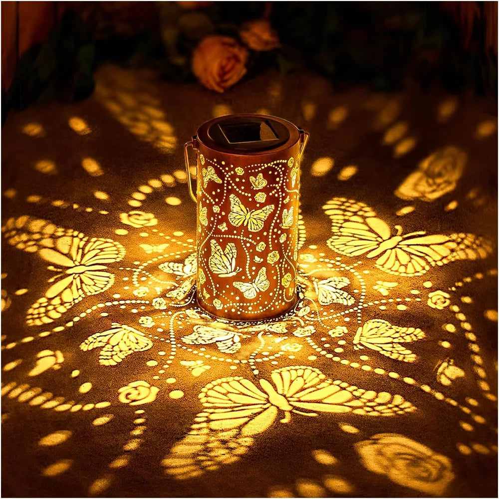 1pc Led Solar Light Solar Hanging Lantern Butterfly Solar Iron Art Lantern Decorative Pathway Lamp Outdoor Metal Hollow Lights