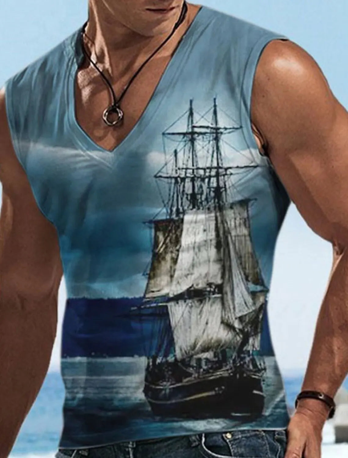 Sailor Suit 3D Ship Print T Shirt Men's Quick Dry Sleeveless Tank Top Oversized Fitness Sports Shirt Men's Design Clothing
