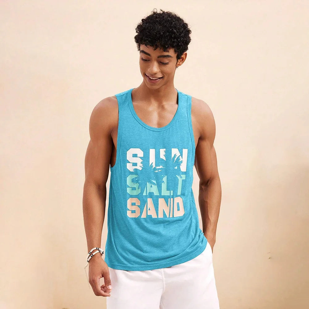Summer Fresh And Simple Letter Men's Printed Men's Round Neck Vest Harajuku Street Fashion Daily Sports Fitness Breathable Vest
