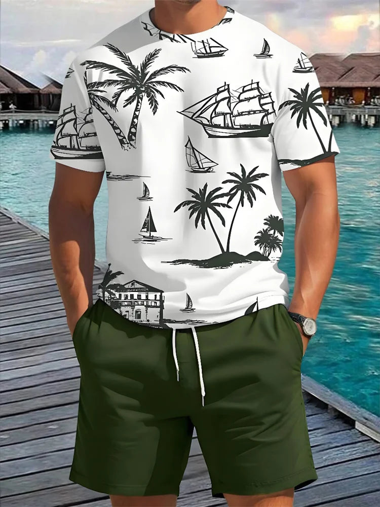 2 Piece Summer Casual Everyday Men's Short Sleeve Shorts Set Hawaiian Print Men's T-shirt Outdoor Sports Men's Beach Shorts