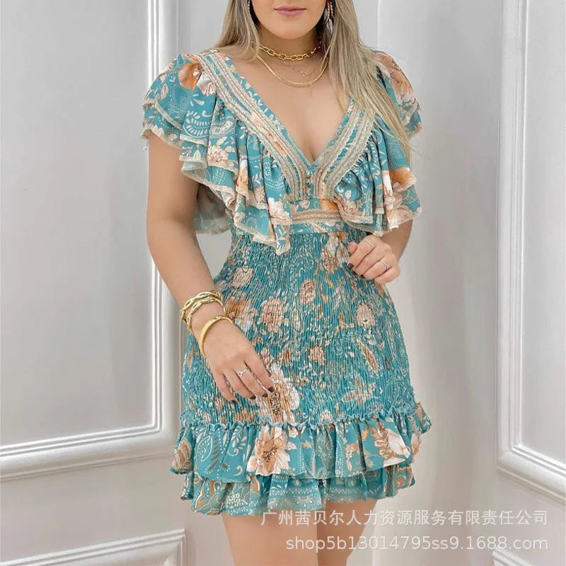Women's Dress 2024 Summer Latest European and American Temperation Ol Commuter Printed V-Neck Ruffle Edge Tie Waist Short Skirt