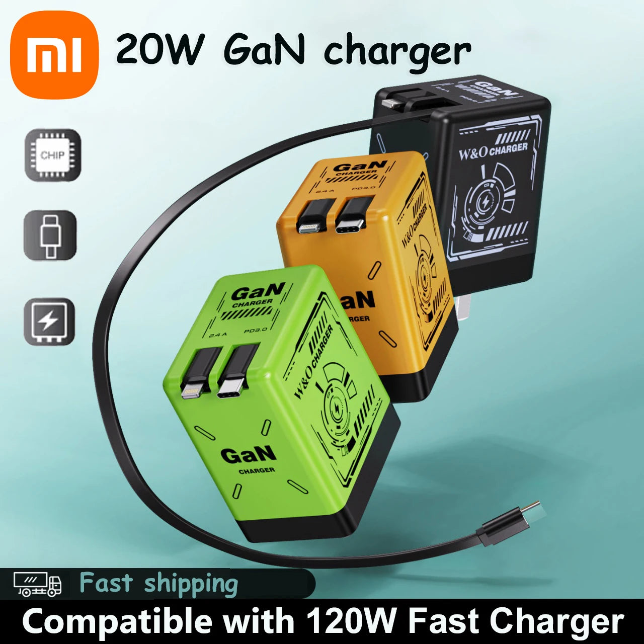 XIAOMI GaN Charger Compatible with 120W Fast Charger Retractable Type-C ligting Cable Portable Adapter For iPhone iPad Samsung
