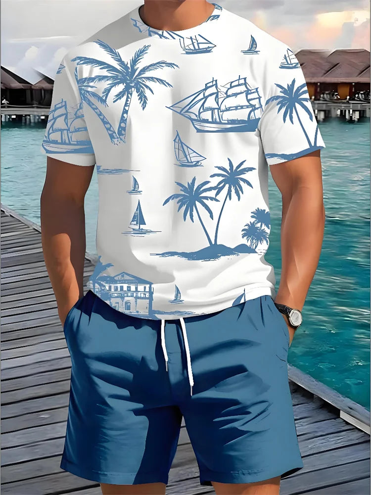 2 Piece Summer Casual Everyday Men's Short Sleeve Shorts Set Hawaiian Print Men's T-shirt Outdoor Sports Men's Beach Shorts