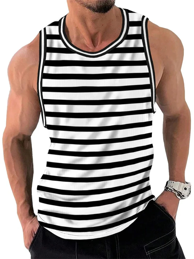 Mens Retro Stripe 3D Printed Tank Tops Fashion Summer Sleeveless Casual Sports Vest Loose Quick Dry Breathable Tees Clothes