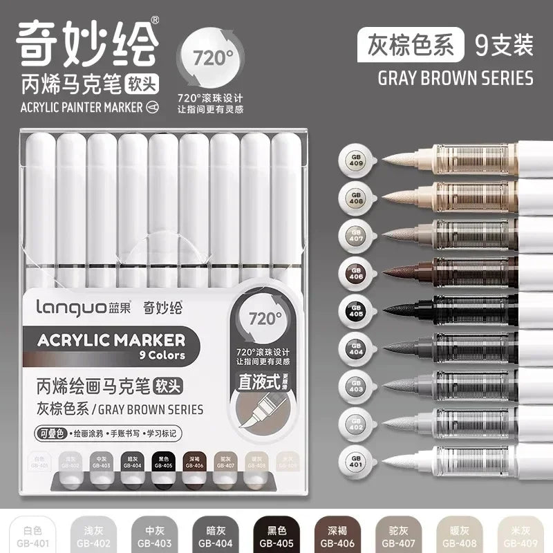 171/9 Direct Liquid Acrylic Art Markers Paint Pens Brush Color Marker for Rock Painting Stone Glass DIY Art Supplies Stationery