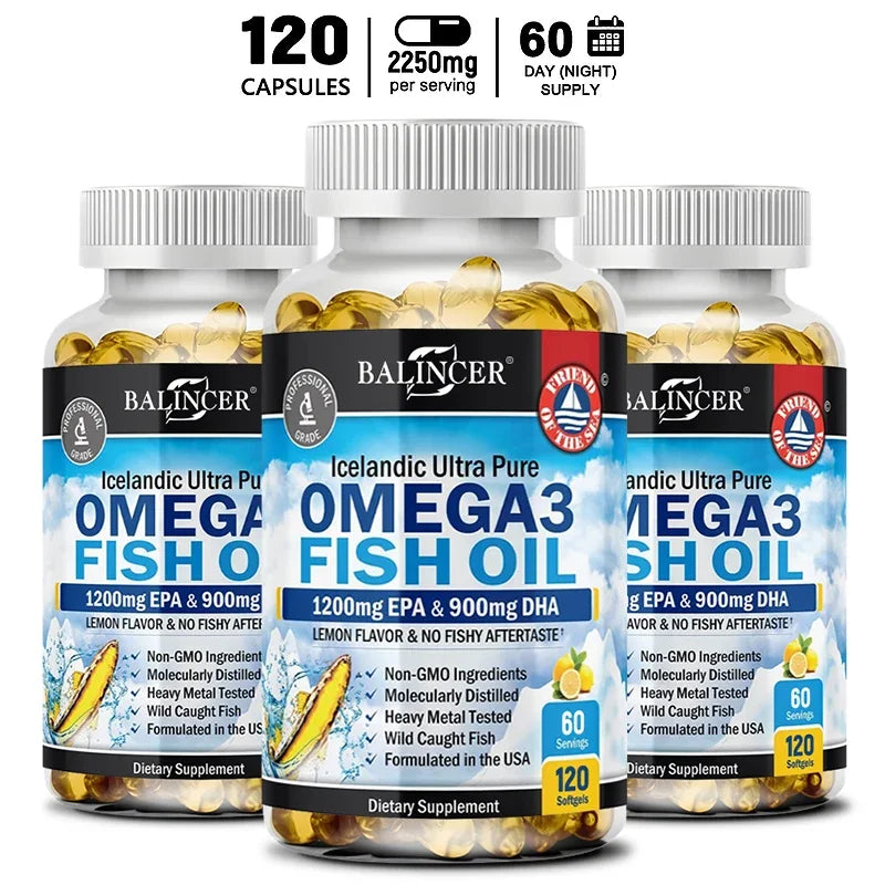 Omega 3 Fish Oil Capsules - Ultra-Pure Supplement - Promotes Joint, Eye, Skin Health, Supports Fatty Acids, Immune Support