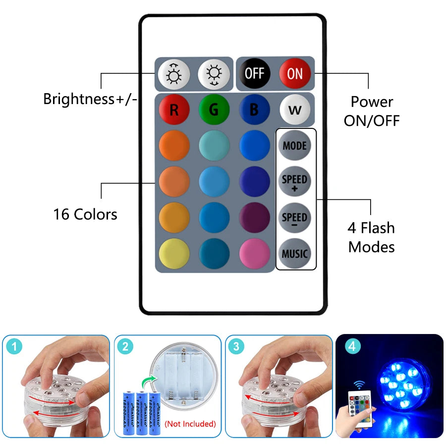 10 LED RGB Underwater Lights with Magnetic Suction Cups 16 Color Lights Fish Tank Pool Underwater Lighting Plant Grow Lights