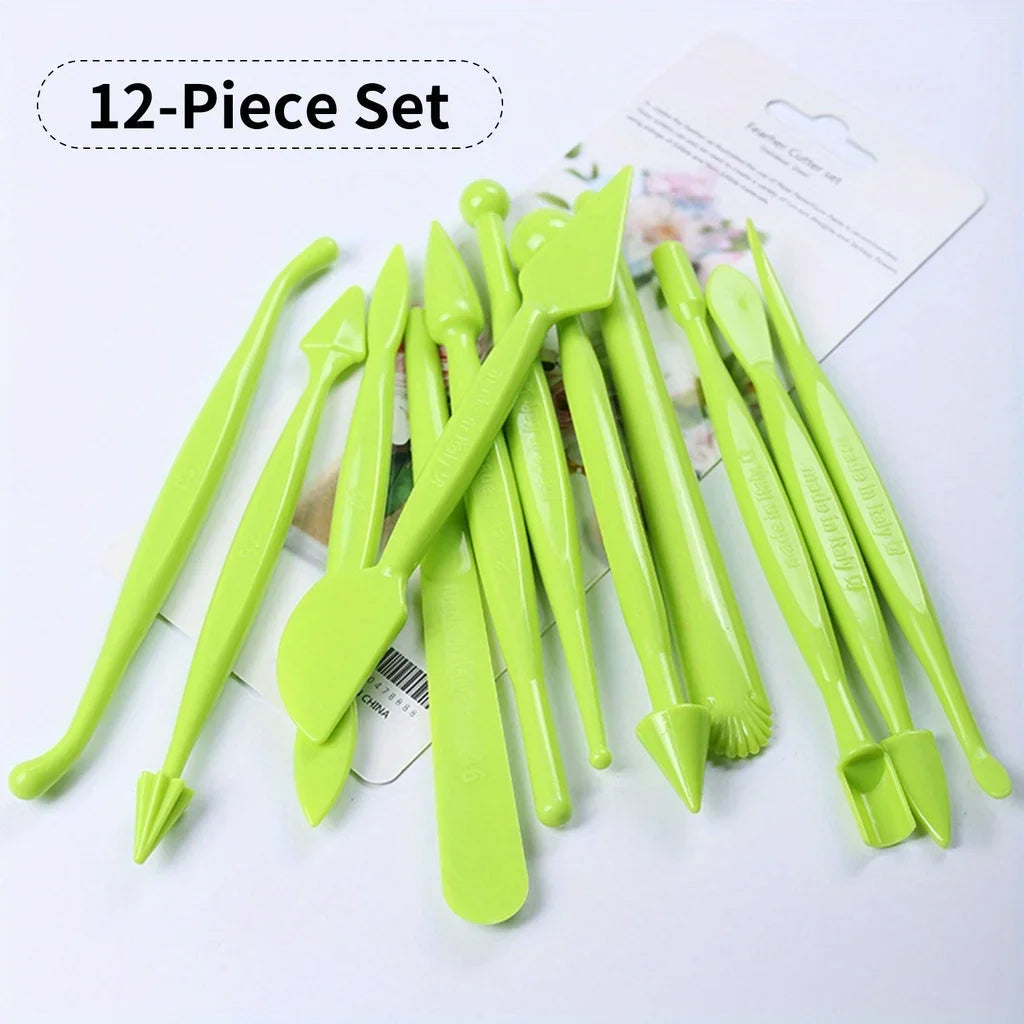 12PCS Fondant Flower Tool Set - Cartoon Kneading & Carving Molds for Dough Decorating