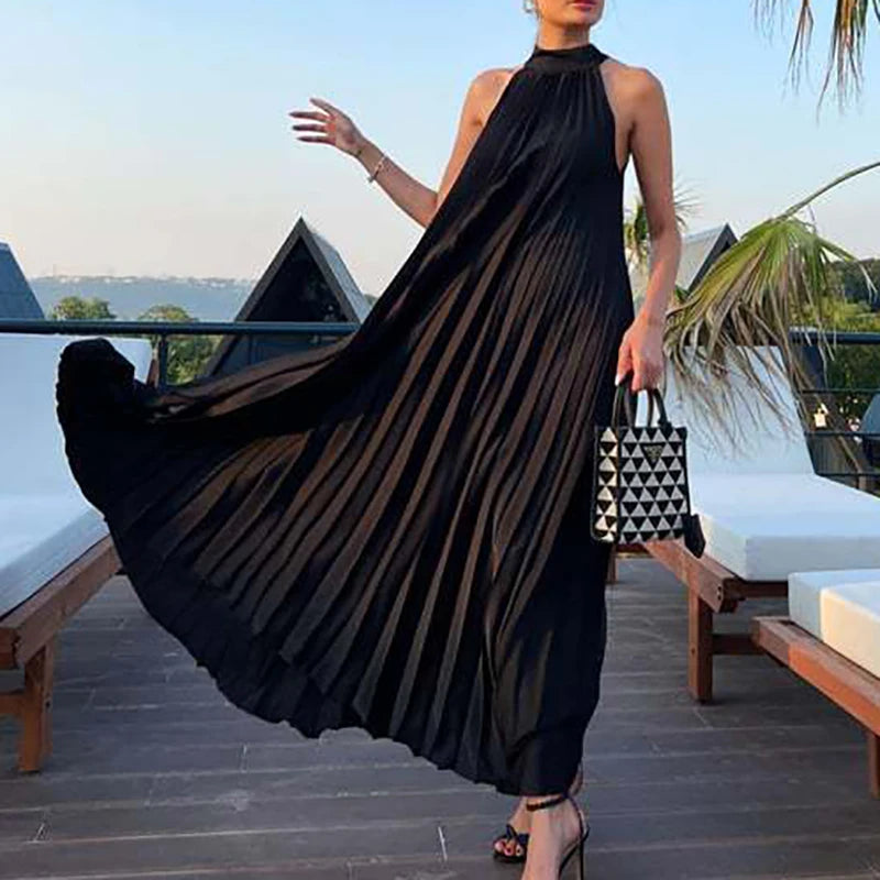 Women Sexy Off Shoulder Gala Dress New 2025 Elegant Solid Swing Loose Party Dress Spring Female Halter Slim Banquet Long Dress