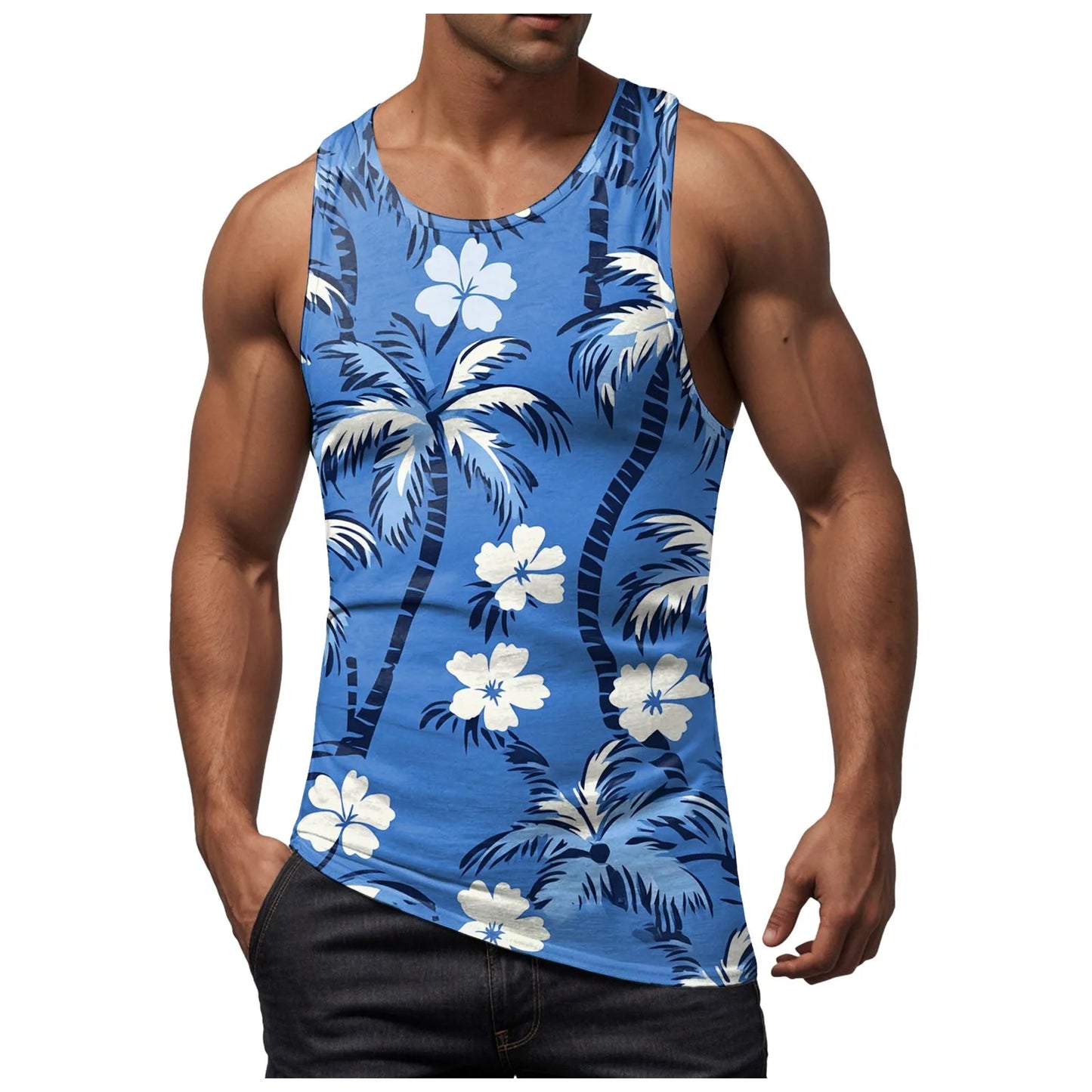 Men Vest Casual Comfortable Soft Breathable Fashion Printed Beach Tank Top Compression Hawaiian Vacation Pullover Plus Size