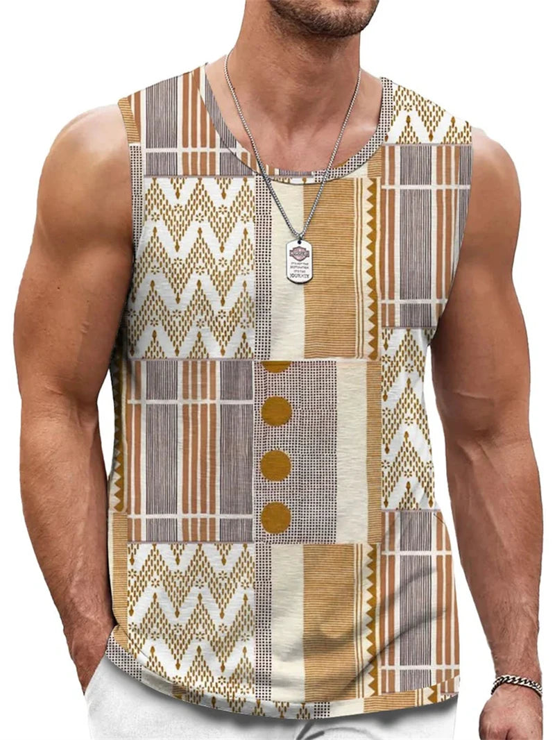 Retro Geometric Graphic Tank Tops For Men Casual Summer Sleeveless 3D Printed Vest Loose Quick Dry Breathable Tees Pullovers