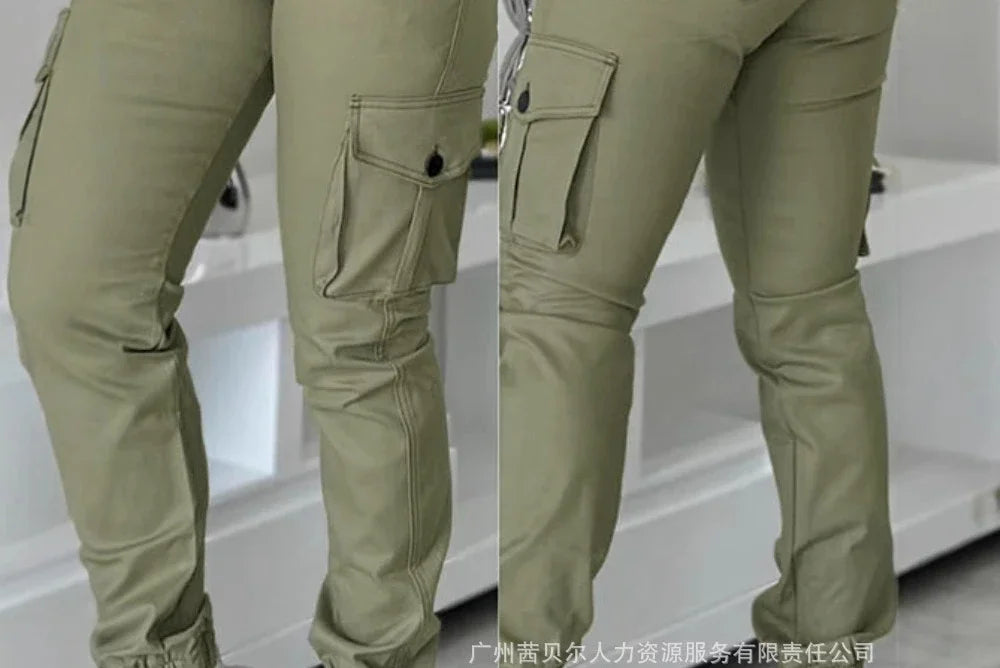 Women High Waist Multiple Pockets Design Cuffed Cargo Pants Slim Fit Trousers Pants Y2K