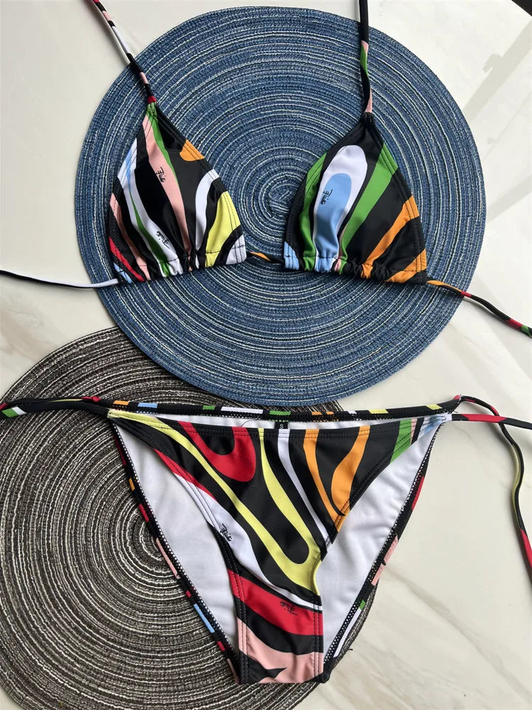 Women Swimsuit Split Swimsuit Bikini Striped Geometry Pattern One-Piece Swimsuit