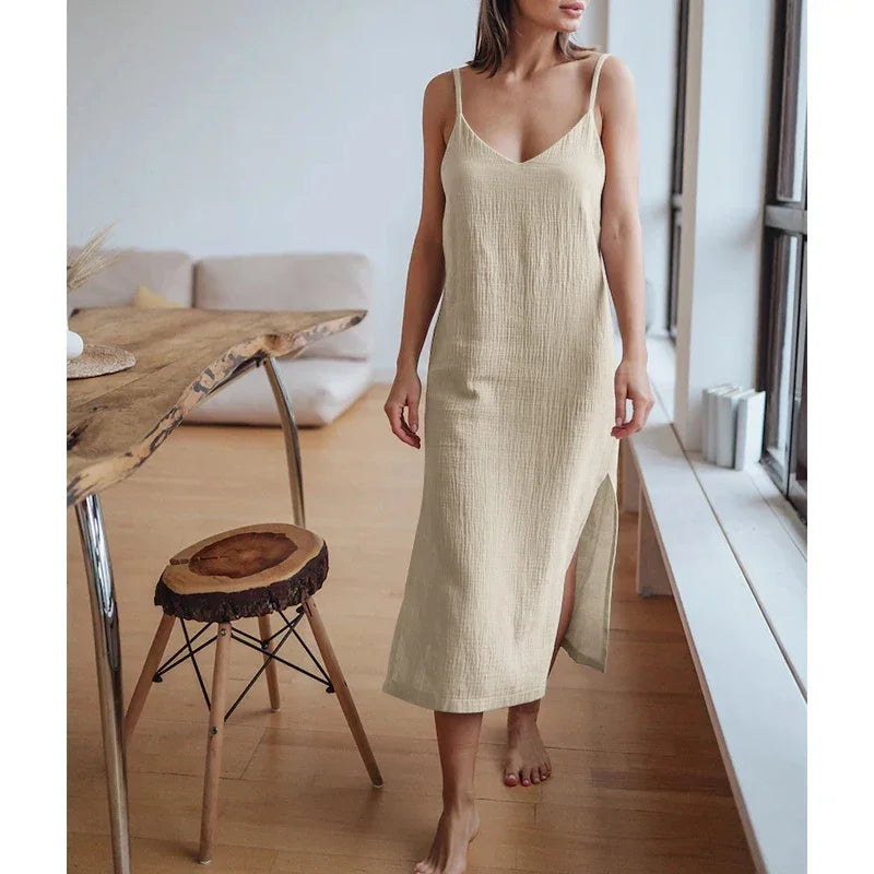 100% Cotton Woman's Dresses Sexy Spaghetti Strap Sleeveless Open Side Sundress Summer Long Maxi Female Dress vestidos para mujer