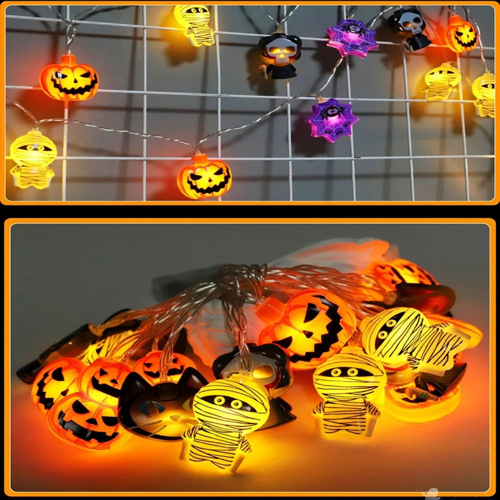 1Pc Halloween String Lights, Battery Powered, 10/20 LED Ghost Pumpkin Bat Waterproof Fairy Atmosphere Lamp For Halloween Decor