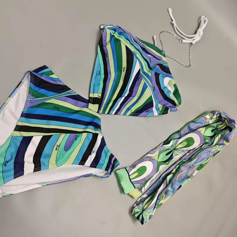 Women Swimsuit Split Swimsuit Bikini Striped Geometry Pattern One-Piece Swimsuit