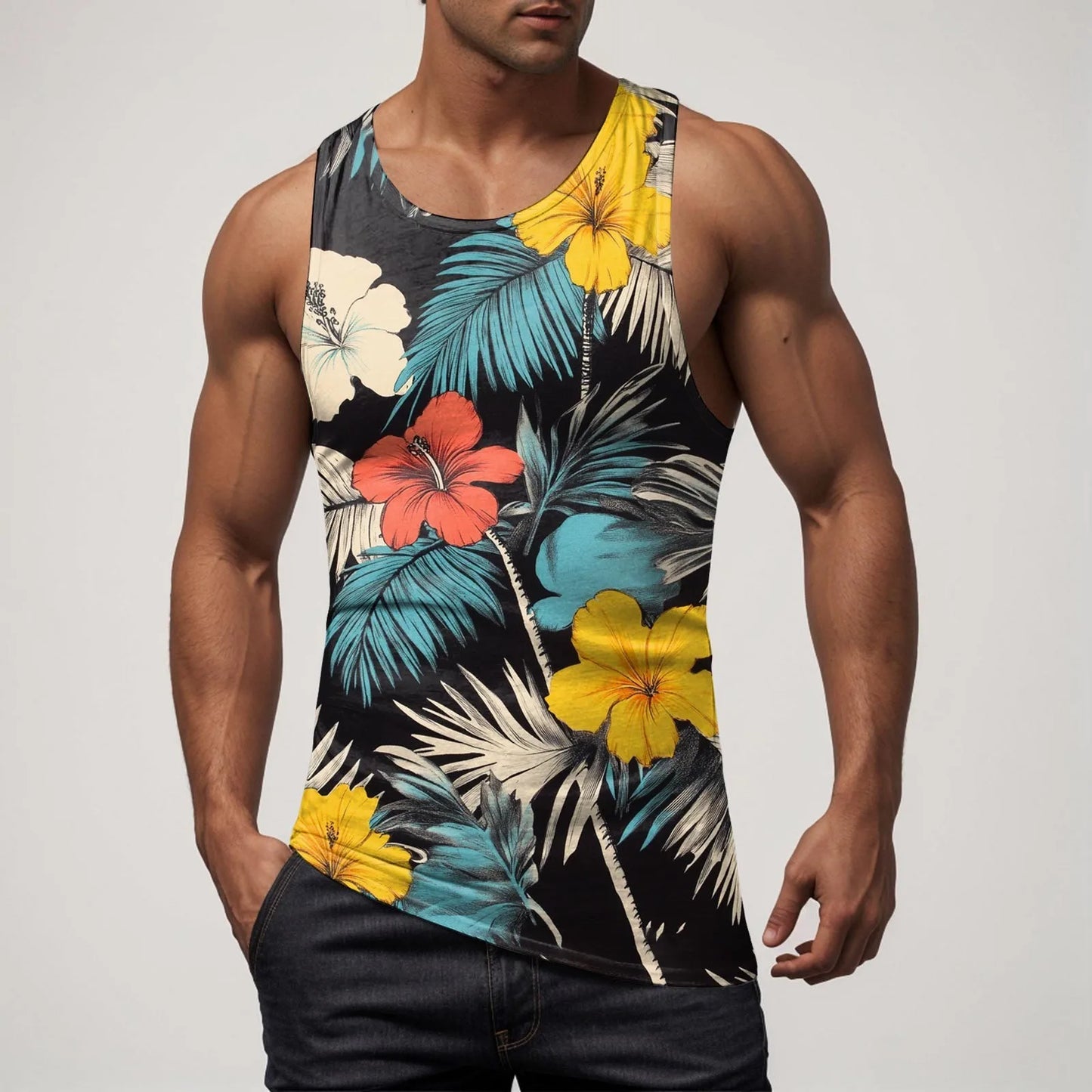 Men Vest Casual Comfortable Soft Breathable Fashion Printed Beach Tank Top Compression Hawaiian Vacation Pullover Plus Size